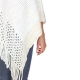 Women's Cable Knit Poncho with Fringe Trim - White