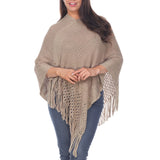 Women's Cable Knit Poncho with Fringe Trim - Brown