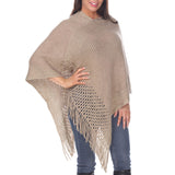 Women's Cable Knit Poncho with Fringe Trim - Brown