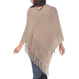 Women's Cable Knit Poncho with Fringe Trim - Brown