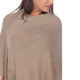 Women's Cable Knit Poncho with Fringe Trim - Brown