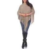 Women's Cable Knit Poncho with Fringe Trim - Brown