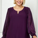 Long Ruffle Sleeve Cutout Removable Trim Fromt Boat Neck Mix Media Blouse - Plus