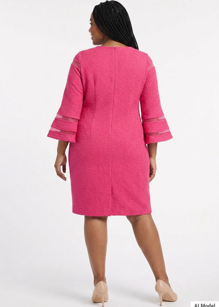 Plus-size model wears a hot pink textured sheath dress with 3/4 bell sleeves featuring sheer stripe trim; back view, knee