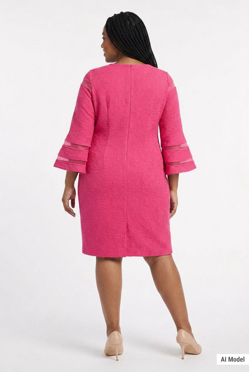 Plus-size model wears a hot pink textured sheath dress with 3/4 bell sleeves featuring sheer stripe trim; back view, knee