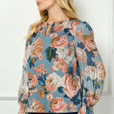 Long Ruffle Sleeve Cutout Removable Trim Front Boat Neck Mix Media Blouse