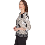 Alfred Dunner Tropical Leaf Border Print Split Neck Top- Petite