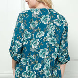 3/4 Button Tab Sleeve Button Placket Front Mandarin Collar Hi-Low Popover Blouse - Plus
