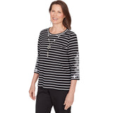 Alfred Dunner Pinstripe Embroidered Sleeve Top with Necklace