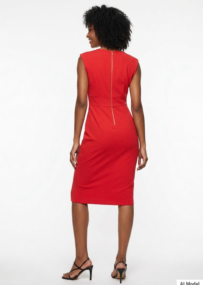 Back view of a red sleeveless sheath dress with gold back zipper, midi length, worn by a Black woman with curly hair and