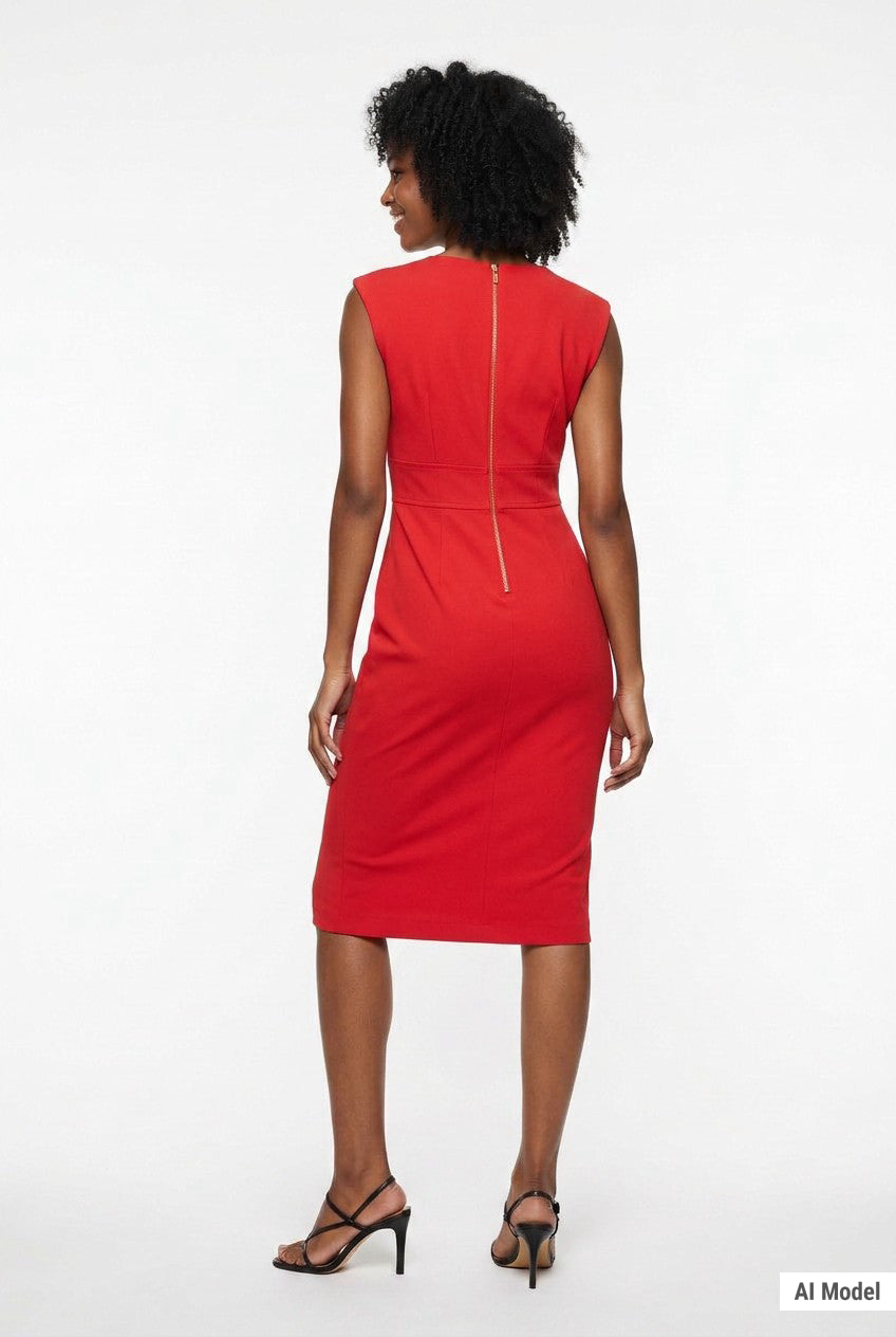 Back view of a red sleeveless sheath dress with gold back zipper, midi length, worn by a Black woman with curly hair and