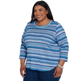 Alfred Dunner Textured Stripe Knit Top with Necklace - Blue - Plus