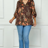 3/4 Button Tab Sleeve Mandarin Collar Button Front Placket Popover Lined Blouse with Lurex and Brown Studs - Plus