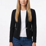 Black cropped collarless crepe jacket with zip pockets and single button on a blonde woman, front view, styled over a white