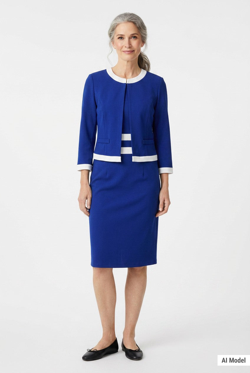 Older woman with gray hair wearing a sapphire blue and white colorblocked 2-piece jacket dress set with elbow sleeves and