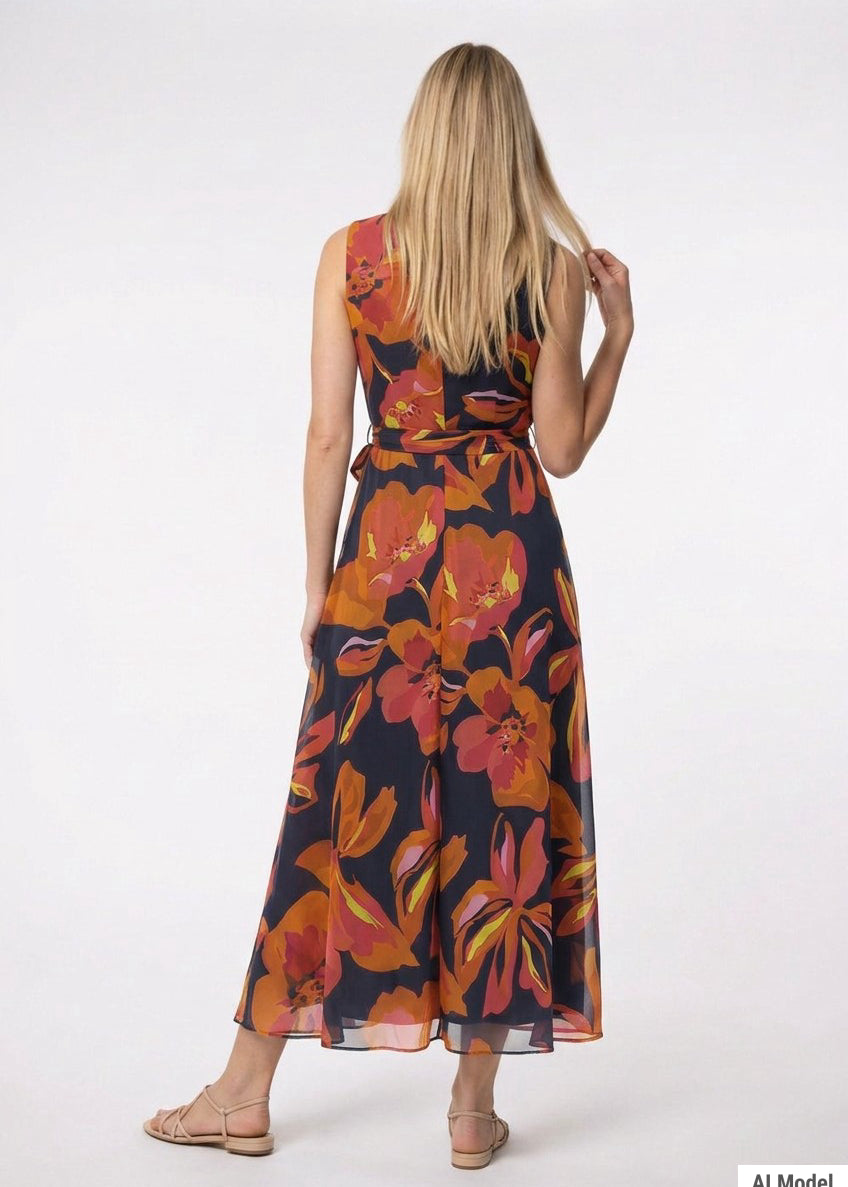Blonde model shown from behind wearing a sleeveless navy chiffon maxi dress with bold orange and red floral print and