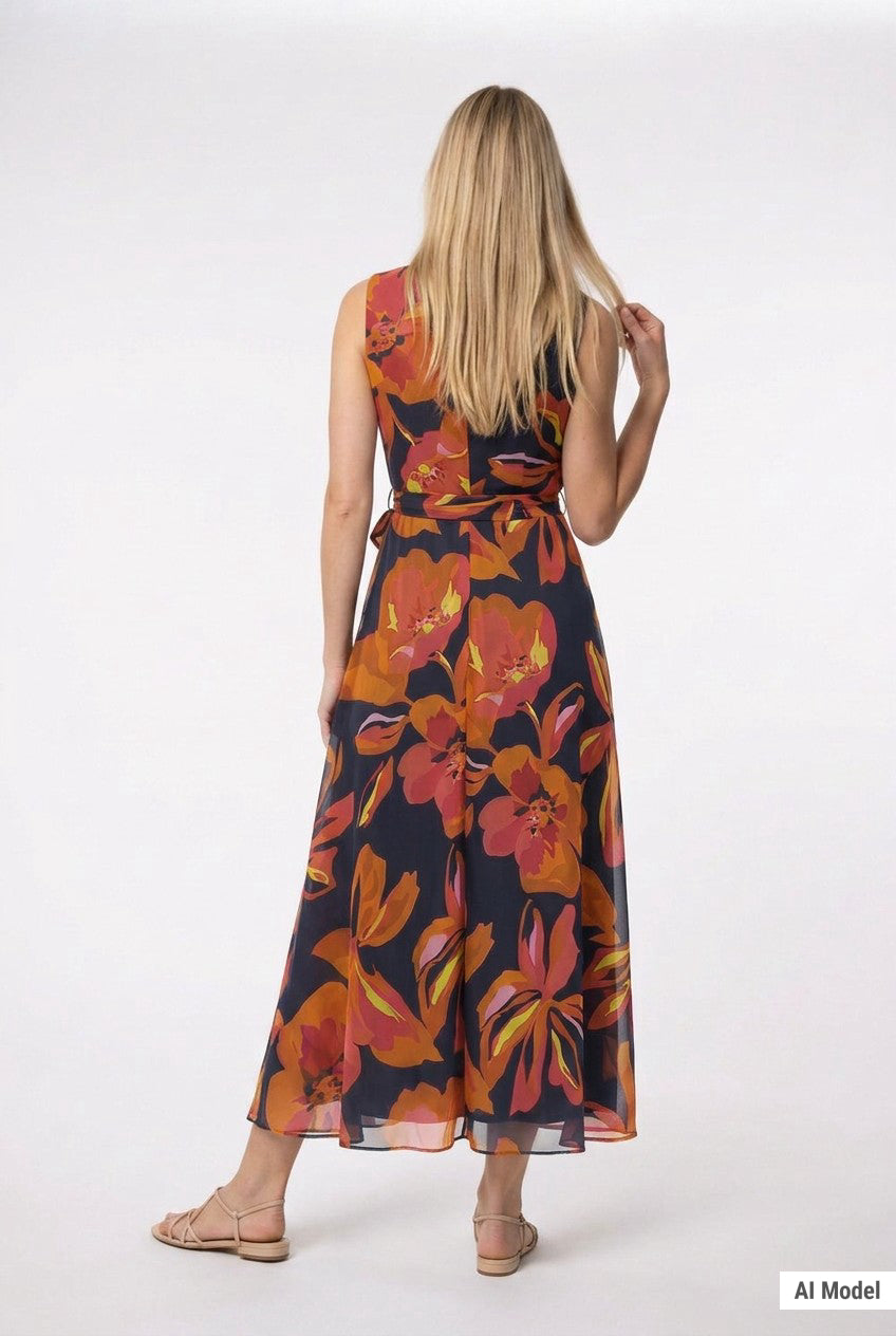 Blonde model shown from behind wearing a sleeveless navy chiffon maxi dress with bold orange and red floral print and