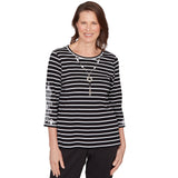 Alfred Dunner Pinstripe Embroidered Sleeve Top with Necklace