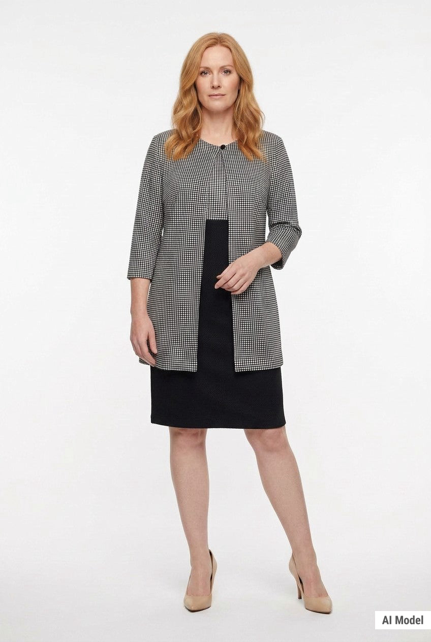 Black-and-white houndstooth 3/4-sleeve jacket over a black knee-length sheath dress, worn by a redheaded woman, front view.