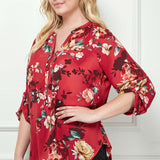 3/4 Button Tab Sleeve Mandarin Collar Button Front Placket Hi-Low Popover Blouse - Plus