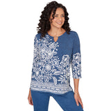Alfred Dunner Floral Border Embroidered Split Neck Top