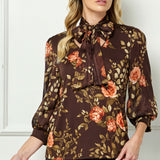 3/4 Band Sleeve V-Neck Mix Media Blouse with Scarf