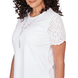 Alfred Dunner Solid Eyelet Sleeve Tee with Necklace- Petite