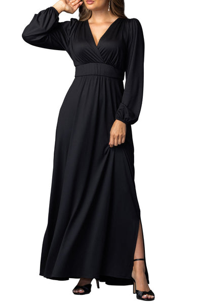 long sleeve maxi dress nearby Cavosen Dresses for Women V Neck Beige Long Empire Waist Ankle Length Dress Solid Side Split Pleated Casual Trendy Dress Vacation Fall Winter Clothes L 51.1 in Kelsey Long Sleeve Maxi Dress