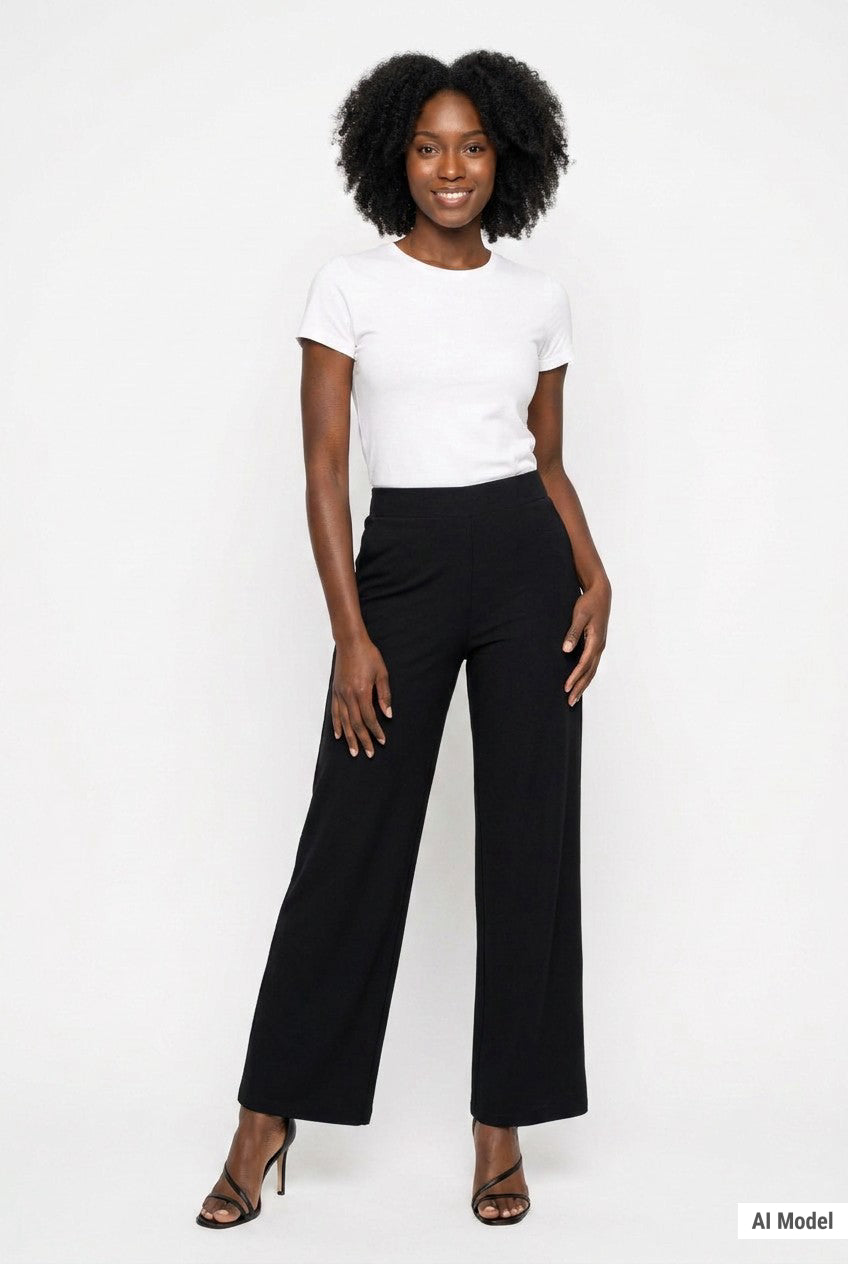 Black wide-leg pull-on palazzo pants with smooth elastic waist, worn by a Black woman, front view, paired with white tee and