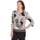 Alfred Dunner Tropical Leaf Border Print Split Neck Top- Petite