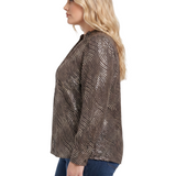 NY Collection Plus Size Long Sleeve V Neck Blouse With Metallic Print