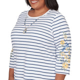 Alfred Dunner Floral Embroidered Stripe Top with Necklace - Plus