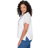 Alfred Dunner Solid Eyelet Sleeve Tee with Necklace- Petite