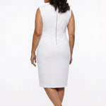 Plus-size model wears a white sleeveless sheath dress with back zipper and waist seam detail, knee-length, back view.