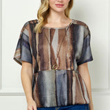 Short T-Sleeve Scoop Neck Bubble Blouse w/ Removable Necklace