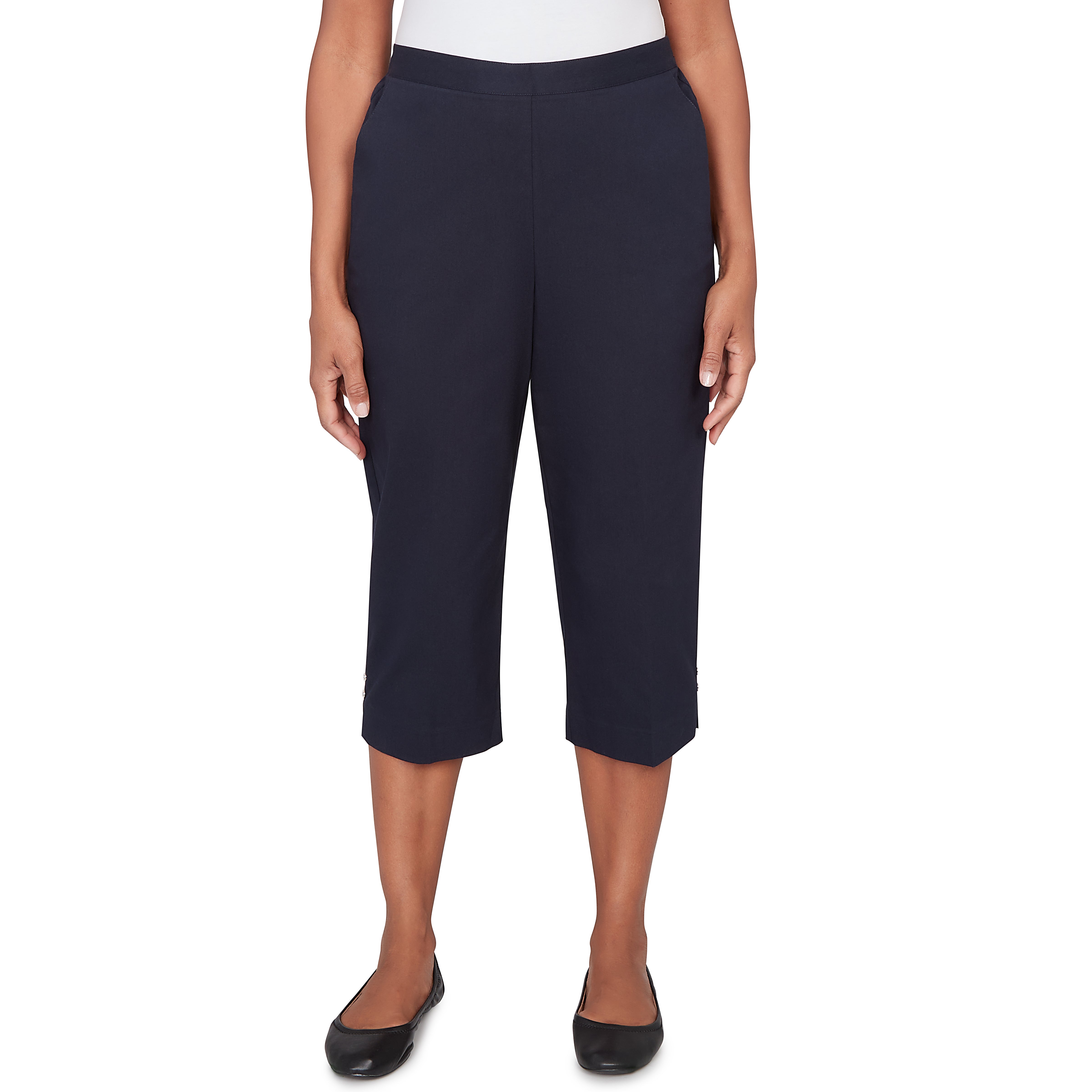 Alfred Dunner Solid Twill Button Hem Capri Pant- Petite