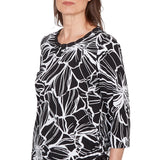 Alfred Dunner Floral Linework Side Tie Ruched Top- Petite