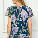 Short Flutter Sleeve Cutout Trim Front Pleat Scoop Neck Lined Blouse