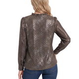 NY Collection Petite Long Sleeve V Neck Blouse With Metallic Print