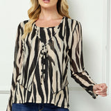 Long Sleeve Scoop Neck Attached Tie Shrug Front Mix Media Blouse