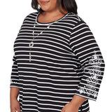 Alfred Dunner Pinstripe Embroidered Sleeve Top with Necklace - Plus