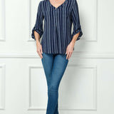 3/4 Button Tab Sleeve Button Placket Front V-Neck Popover Blouse