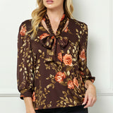 3/4 Band Sleeve V-Neck Mix Media Blouse with Scarf