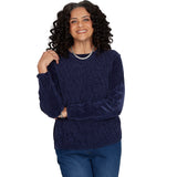 Alfred Dunner Cable Pullover Chenille Sweater - Navy - Petite