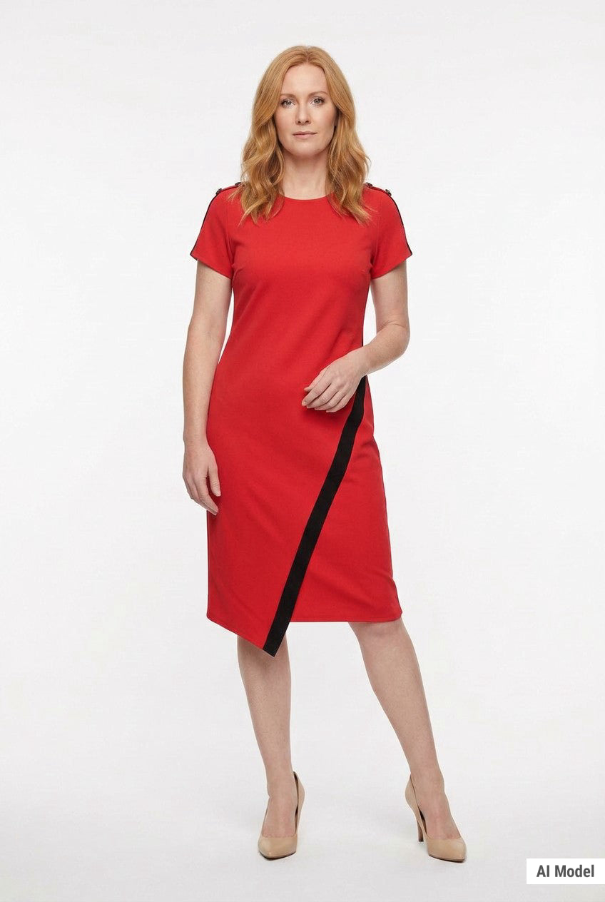Red short-sleeve sheath dress with black diagonal asymmetric hem trim and shoulder buttons, worn by a woman, front view.