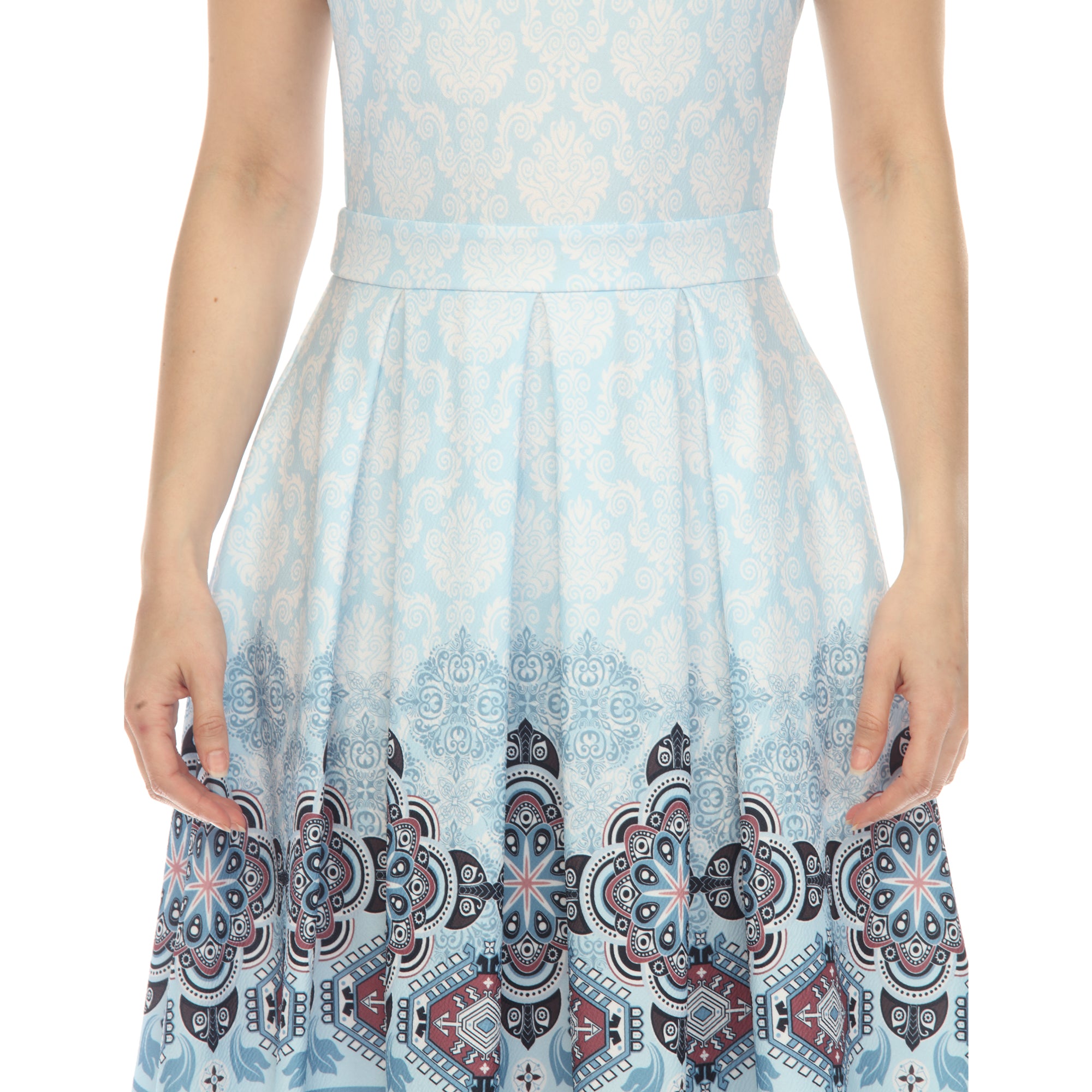 Blue Border Print Fit and Flare Knee Length Dress Blue / XL Blue Border Print Fit and Flare Knee Length Dress Blue / XL