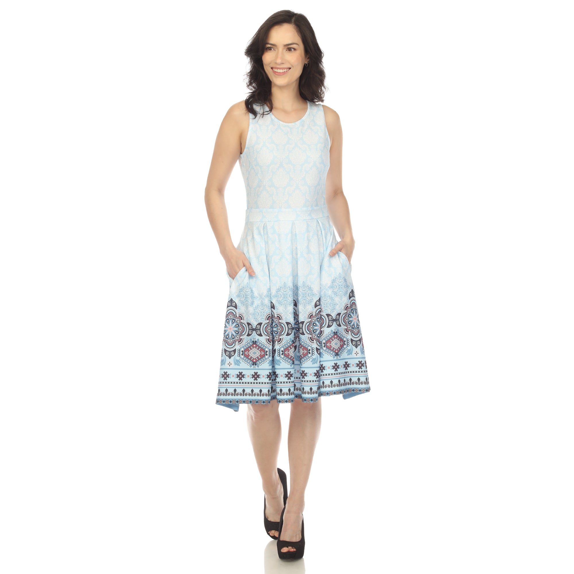 Blue Border Print Fit and Flare Knee Length Dress Blue / XL Blue Border Print Fit and Flare Knee Length Dress Blue / XL