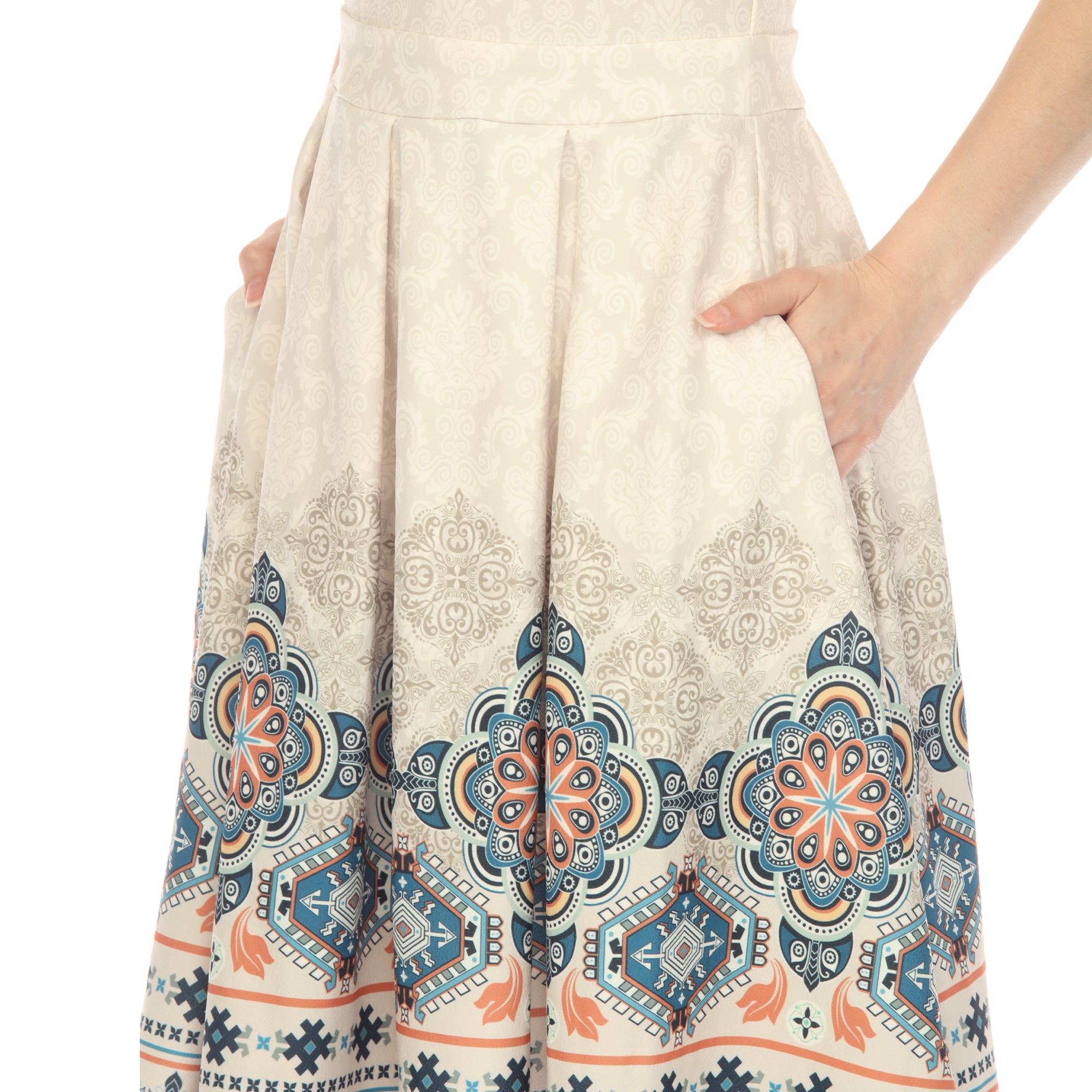 Beige Border Print Fit and Flare Knee Length Dress Beige / S Beige Border Print Fit and Flare Knee Length Dress Beige / S
