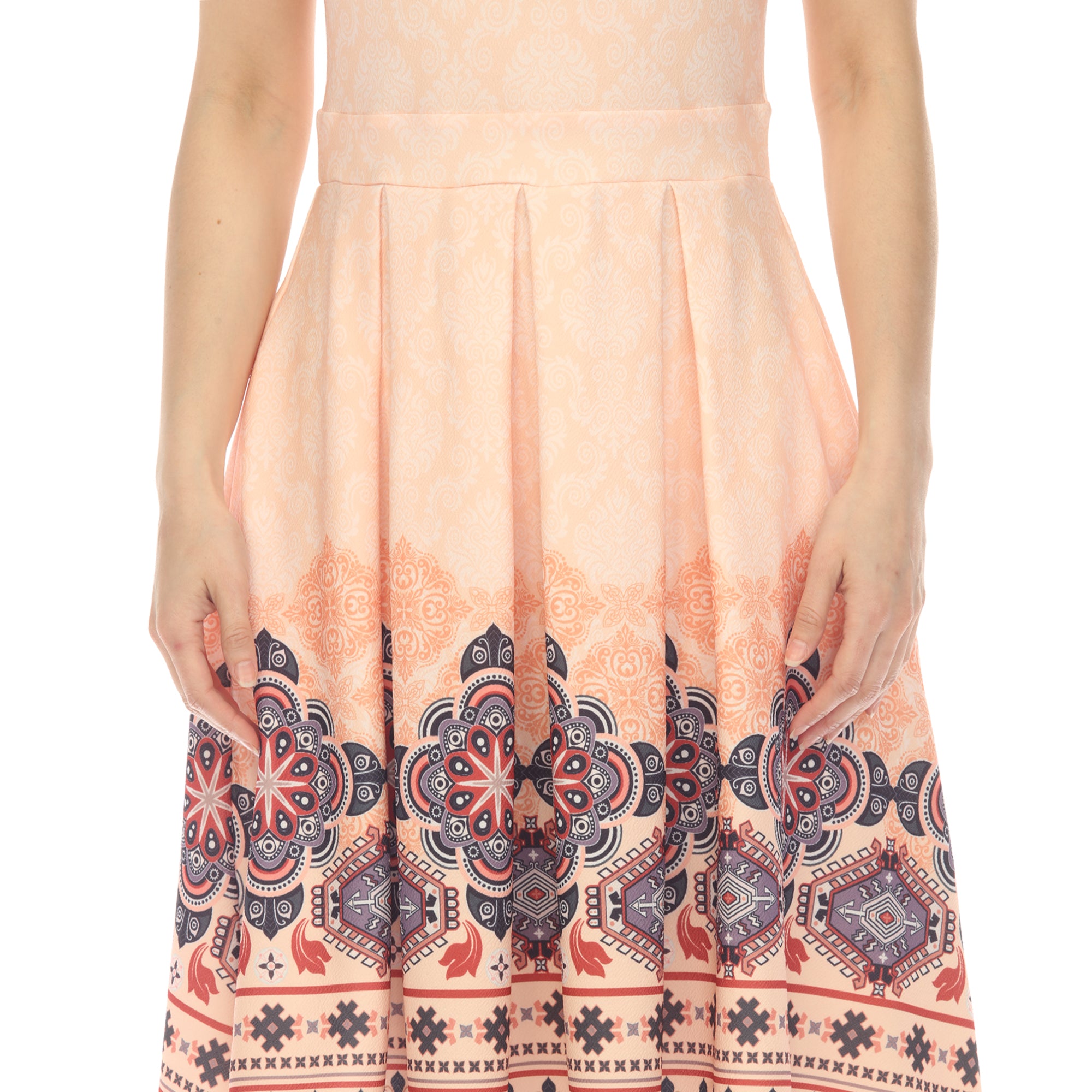 Orange Border Print Fit and Flare Knee Length Dress Orange / L Orange Border Print Fit and Flare Knee Length Dress Orange / L