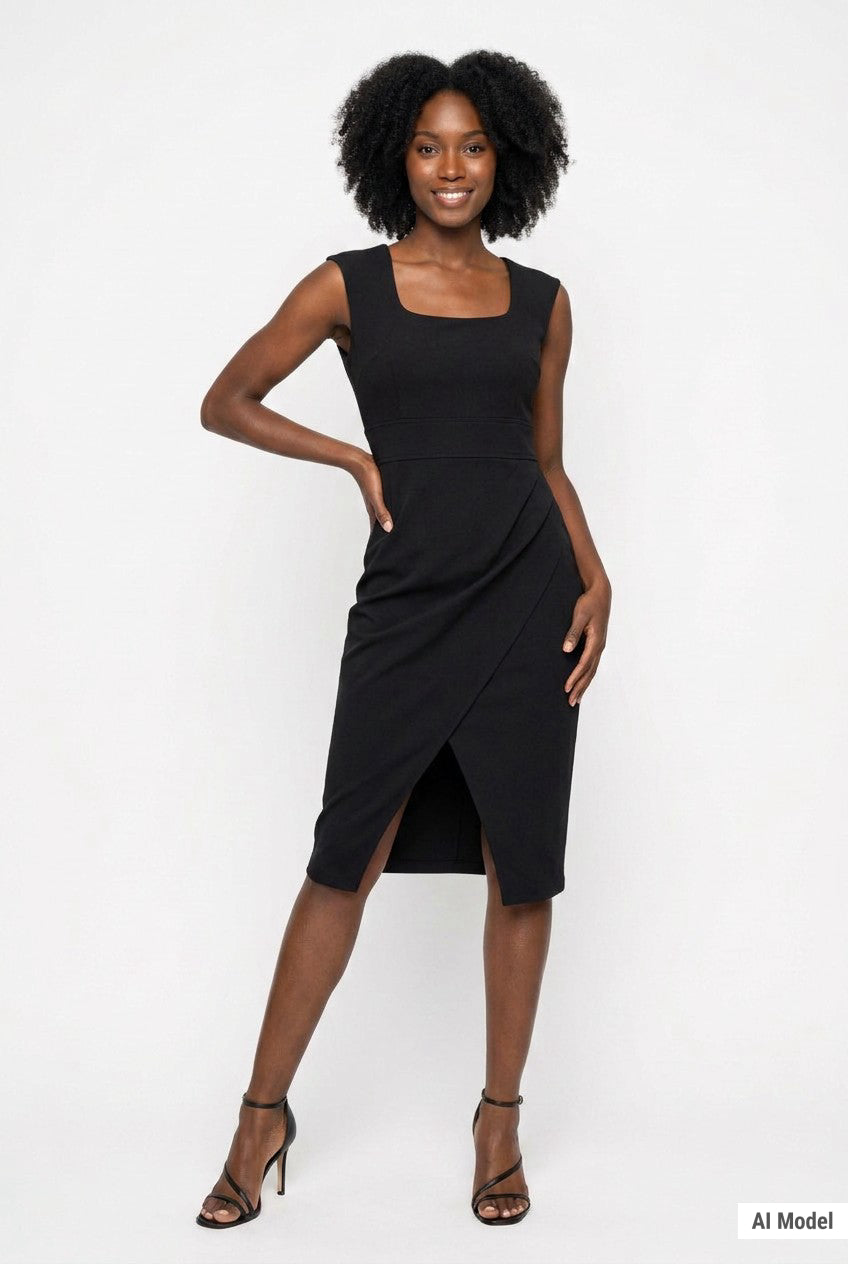 Black sleeveless sheath dress with square neckline, high-waist band, draped front slit skirt; Black woman, front view,